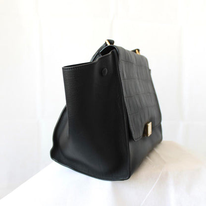Celine Black Croc Embossed Leather and Suede Medium Trapeze Bag