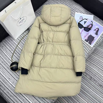 Prada 2025 Drawstring Waist Hooded Jacket Beige Down Polyester