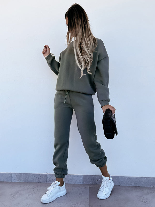 Solid Crew Neck Drawstring Sweatshirt & Pants Sport Suits