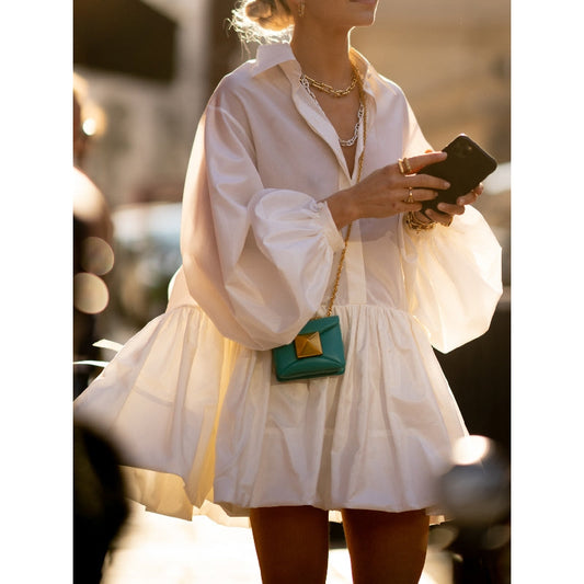 Puff Sleeves Buttoned Solid Color Split-Joint Lapel Mini Dresses Shirt Dress