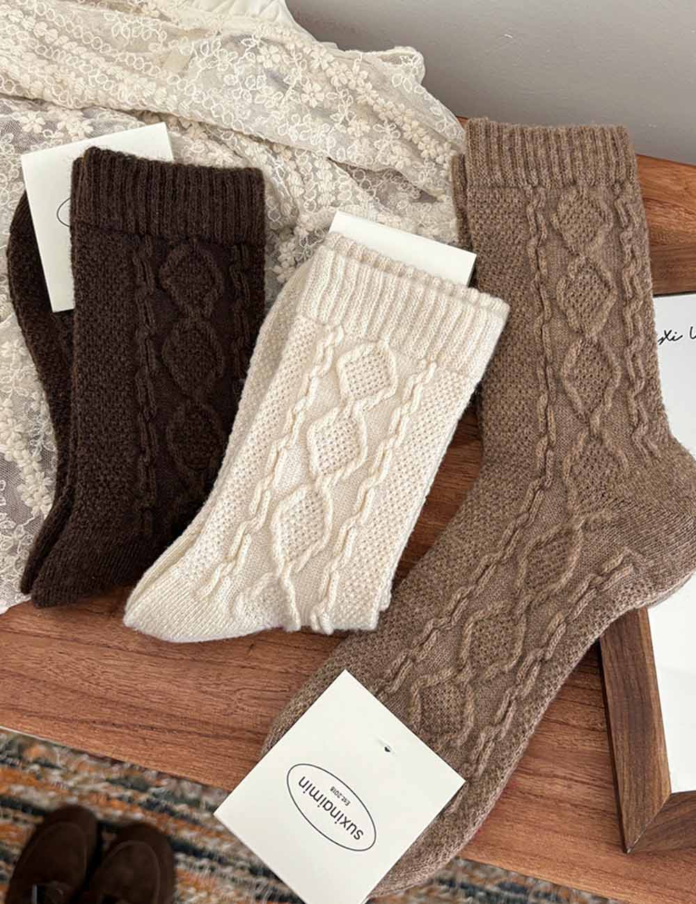 Trendy Cable Knit Wool Warm Crew Socks