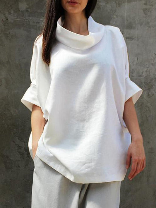 Simple Casual Loose Solid Color High-Neck Half Sleeves T-Shirt Top