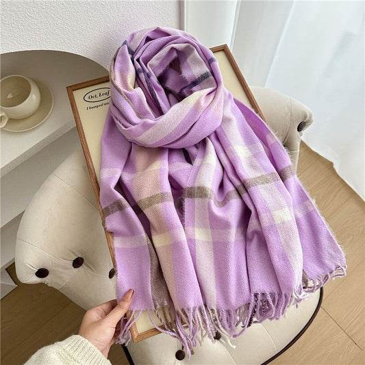 Color Block Plaid Fringe Scarf