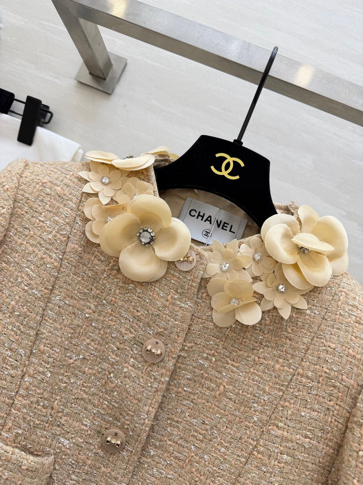 CC 26s Coat 3D Floral Embellished Beige Wool Blend Tweed