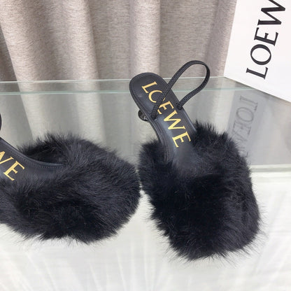 Loewe 25SS Fur-lined Mule 60 Black in Fox Fur 597435