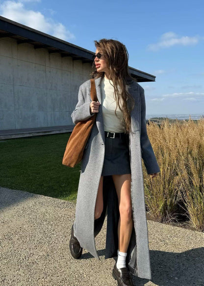 Double Breasted Long Wool Blend Coat Gray