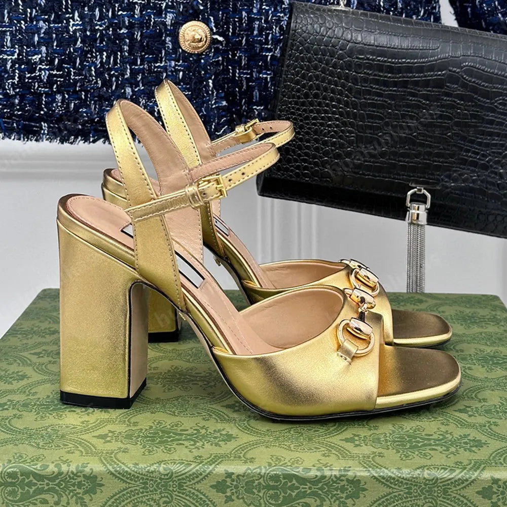 GG Chunky High Heel Sandals 95mm Metal Logo in Gold Cowhide