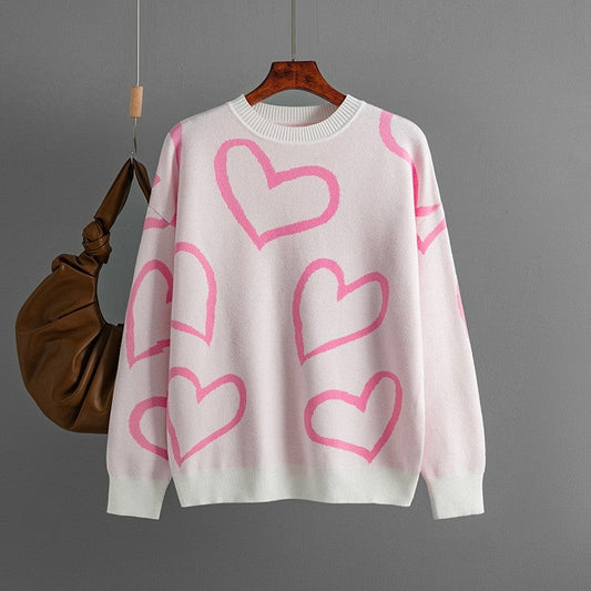 Round Neck Heart Print Contrast Sweater