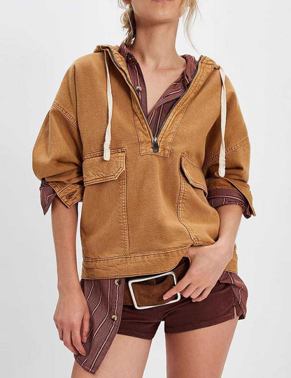 Casual Washed Denim Long Sleeve Hoodie