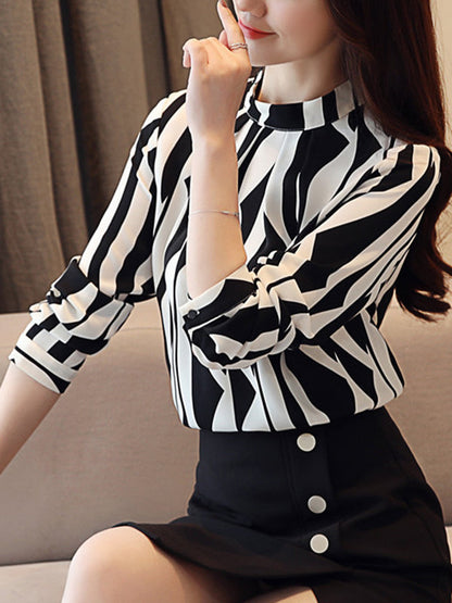 Long Sleeves Loose Contrast Color Printed Mock Neck Blouses&Shirts Tops