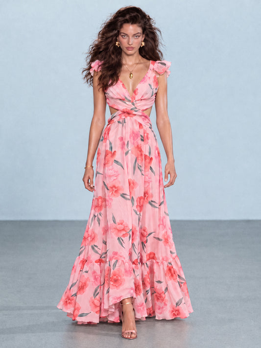 Audrey Floral Draped Maxi Dress In Pink