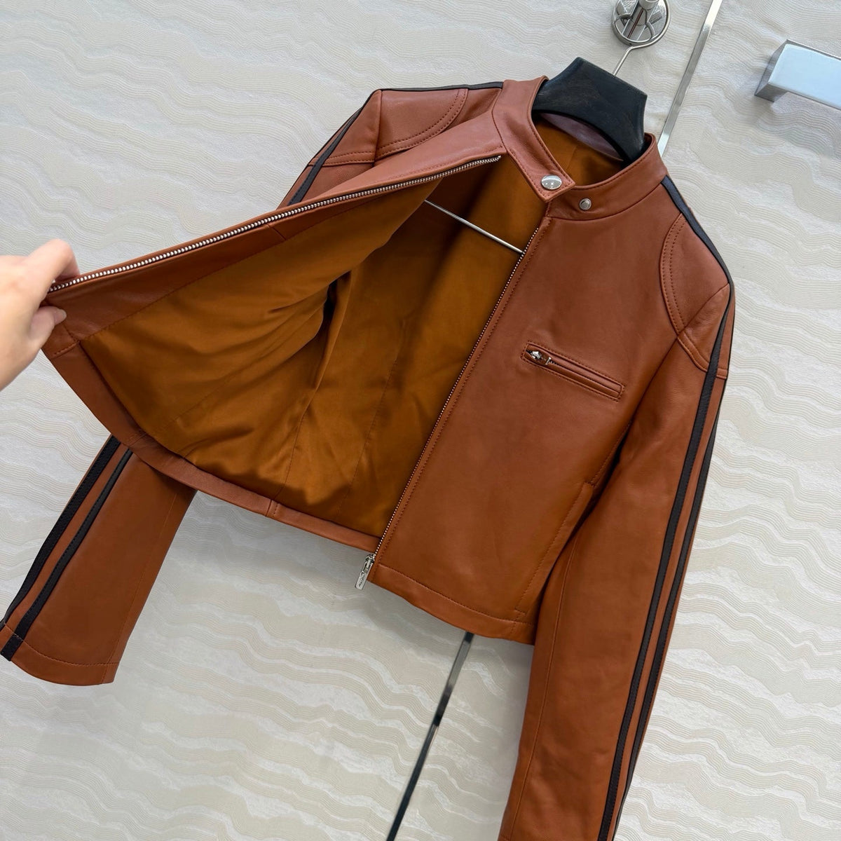 Miu SS26 Nappa Leather Jacket Stripes Brandy Lambskin 351105