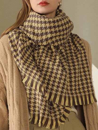 Fringed Houndstooth Keep Warm Shawl&Scarf