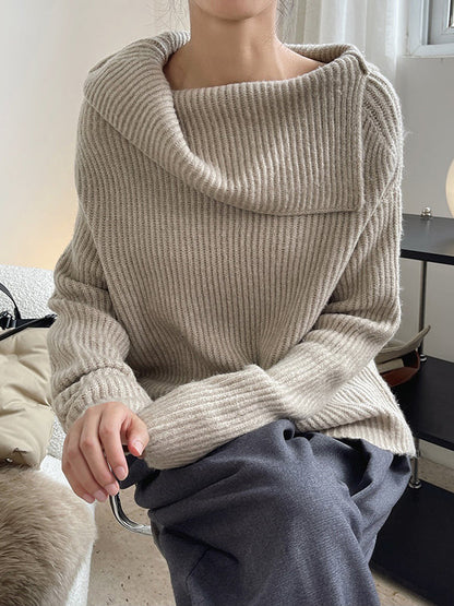 Casual Loose Long Sleeves Solid Color Lapel Sweater Tops
