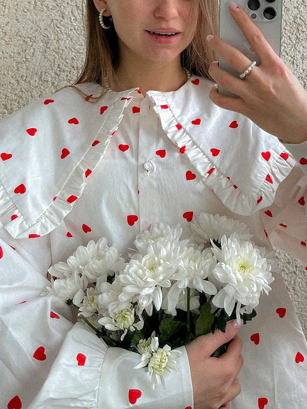 Loose Contrast Color Doll Collar Heart Print Blouses&Shirts Tops