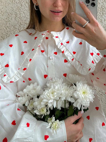Loose Contrast Color Doll Collar Heart Print Blouses&Shirts Tops