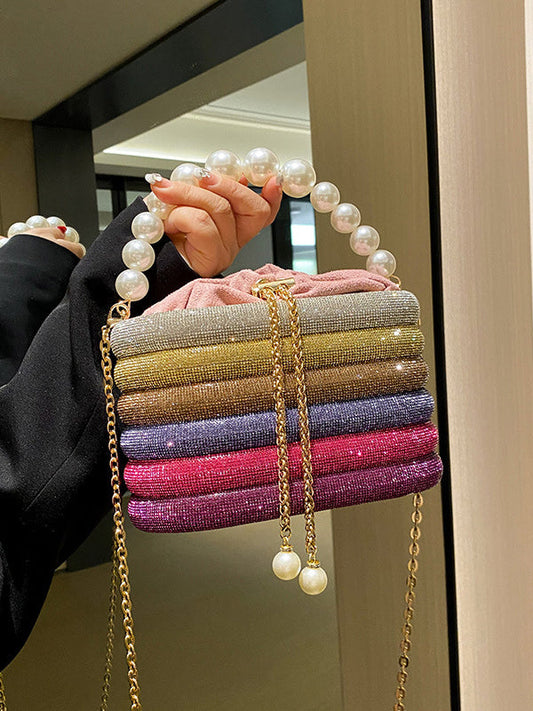 Beads Chains Drawstring Multi-Colored Sequined Split-Joint Zipper Crossbody Handbags