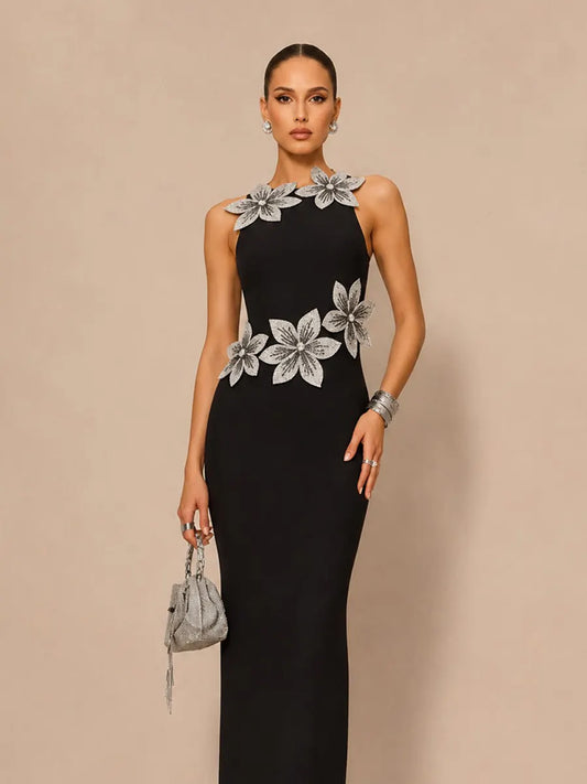 Kaia Elegant Contour Floral Bandage Maxi Dress