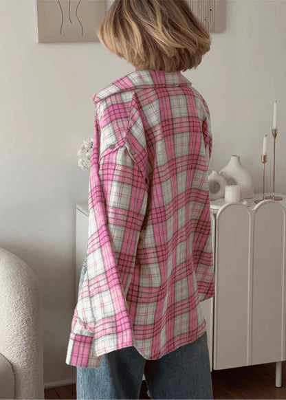 Oversized Pink Plaid Shirt Cotton Blend Soft Fabric