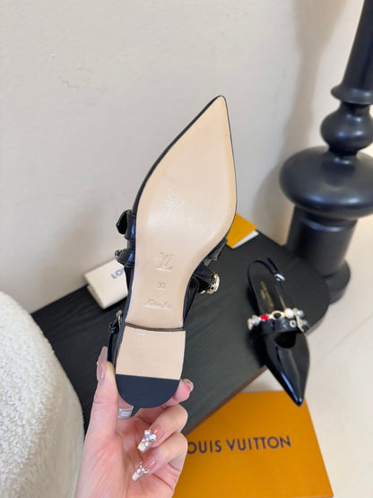 LV Vibe Slingback Flat Black Patent Leather 580337