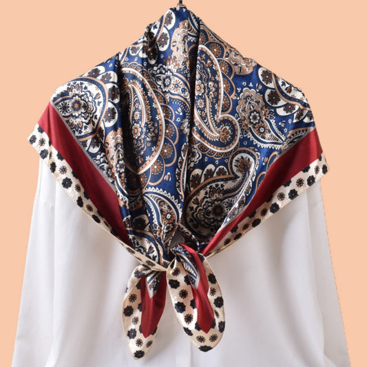 Scarvii - Vintage Paisley Silky Square Scarf - Orange/Blue