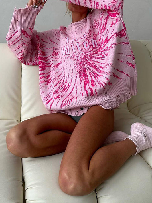 Long Sleeves Loose Hollow Knitted Letters Round-Neck Knitwear Pullovers Sweater Tops