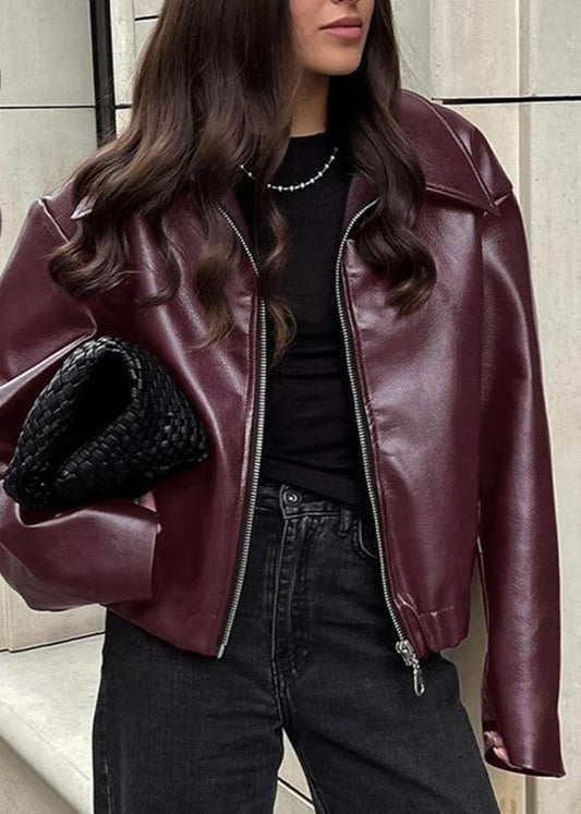 Faux Leather Zip Up Jacket Burgundy Modern
