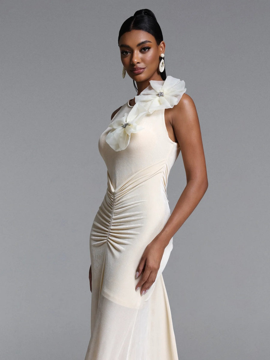 Elara Ruched Sleeveless Maxi Dress with Floral Accent