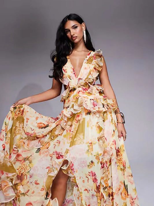 Lavinia Printed Chiffon Ruffled Maxi Dress