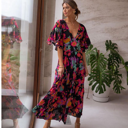 Spring And Summer New Casual V-Neck Dress Loose Backless Maxilla Dress For Women