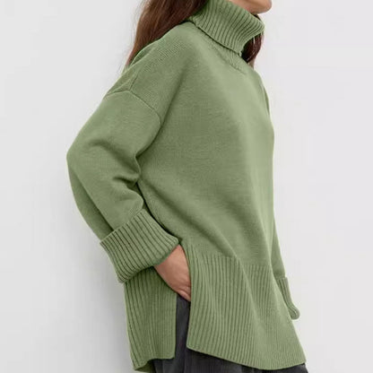 Fall Solid Color Turtleneck Side Slit Sweater