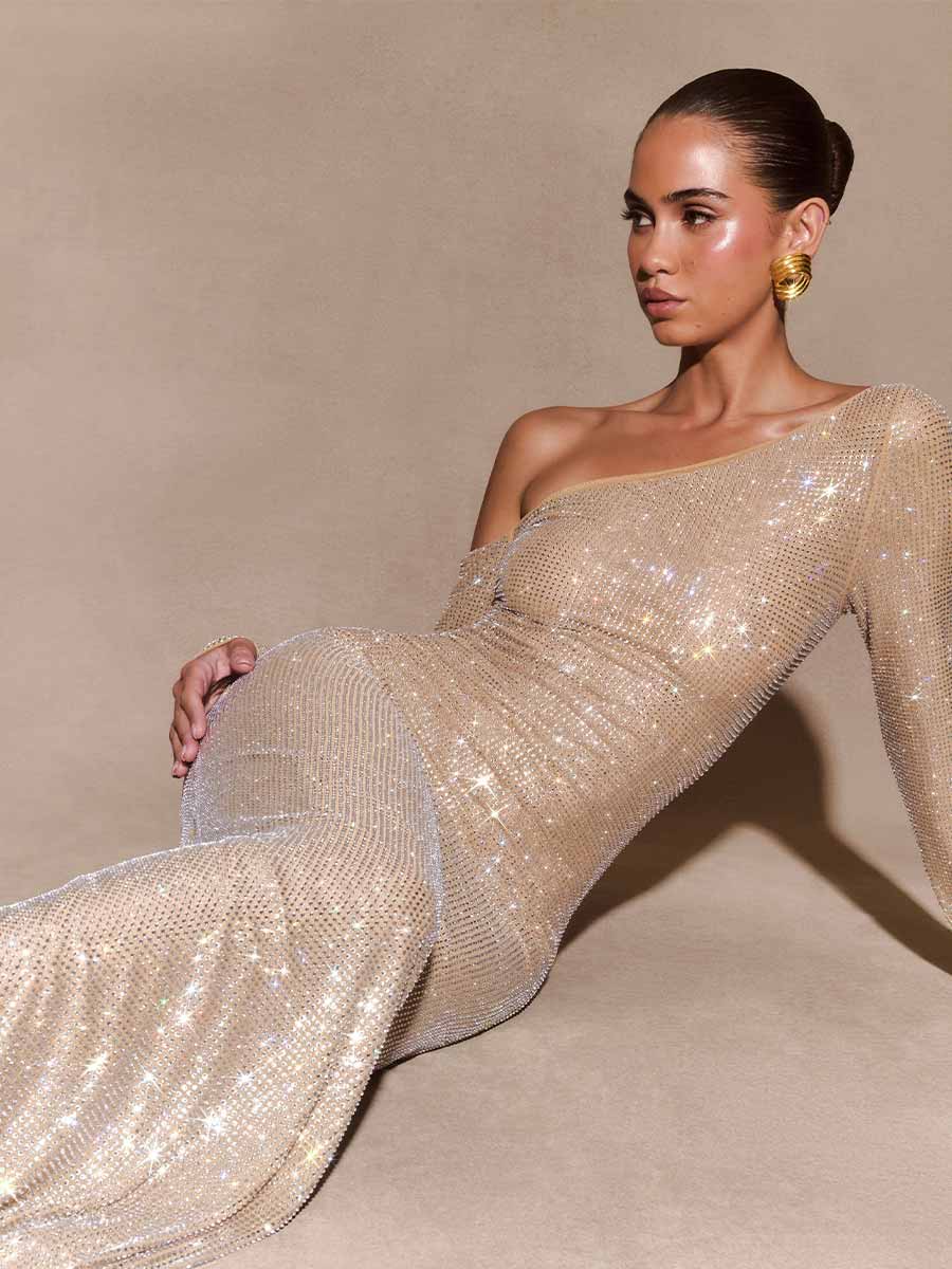 Elodie Diamante Long Sleeve Maxi Dress