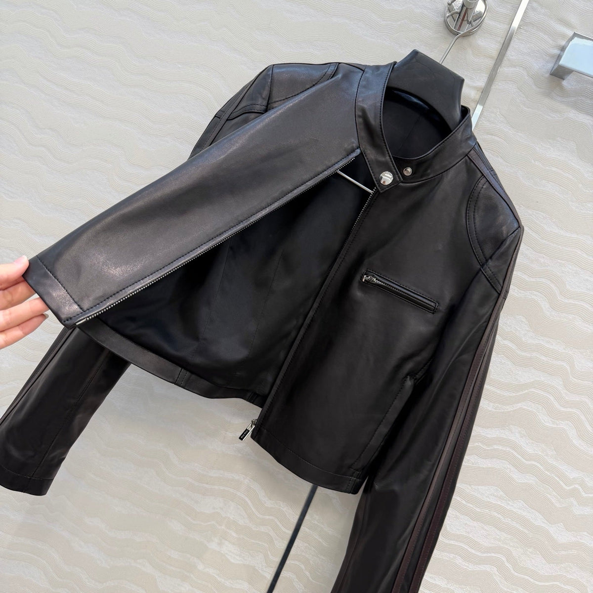 Miu SS26 Nappa Leather Jacket Stripes Black Lambskin 351110