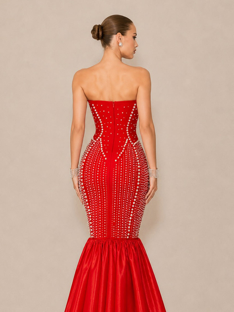 Arielle Sexy Strapless Pearl-Beaded Maxi Dress