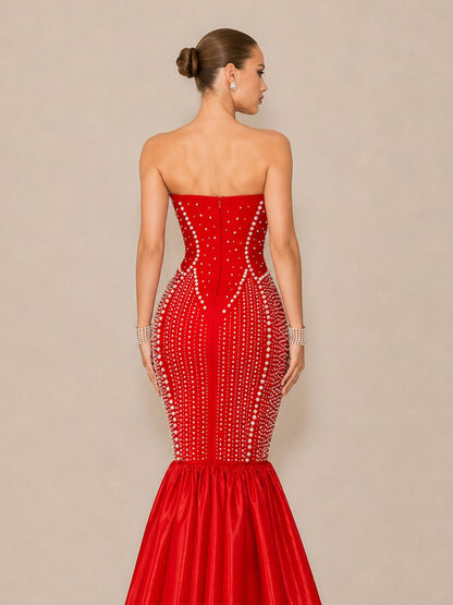Arielle Sexy Strapless Pearl-Beaded Maxi Dress