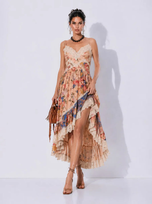 Danika Printed Patchwork Lace Asymmetric Midi Dress