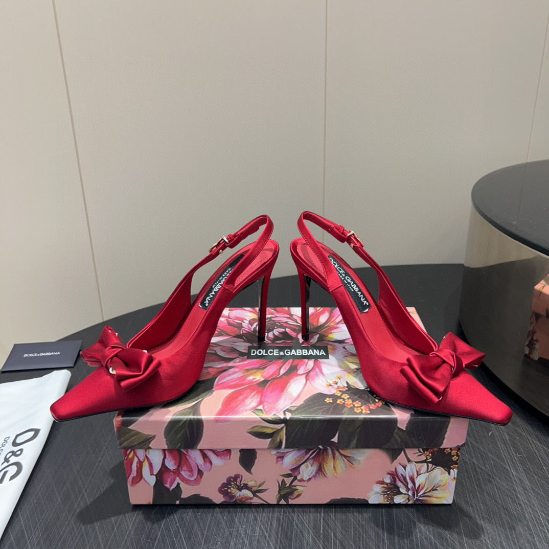 DG Bow Slingbacks 10cm High Heel Red Silk