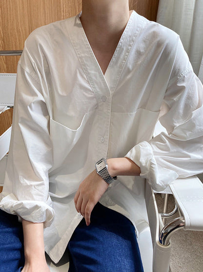 Long Sleeves Loose Buttoned Solid Color Split-Joint V-Neck Blouses&Shirts Tops