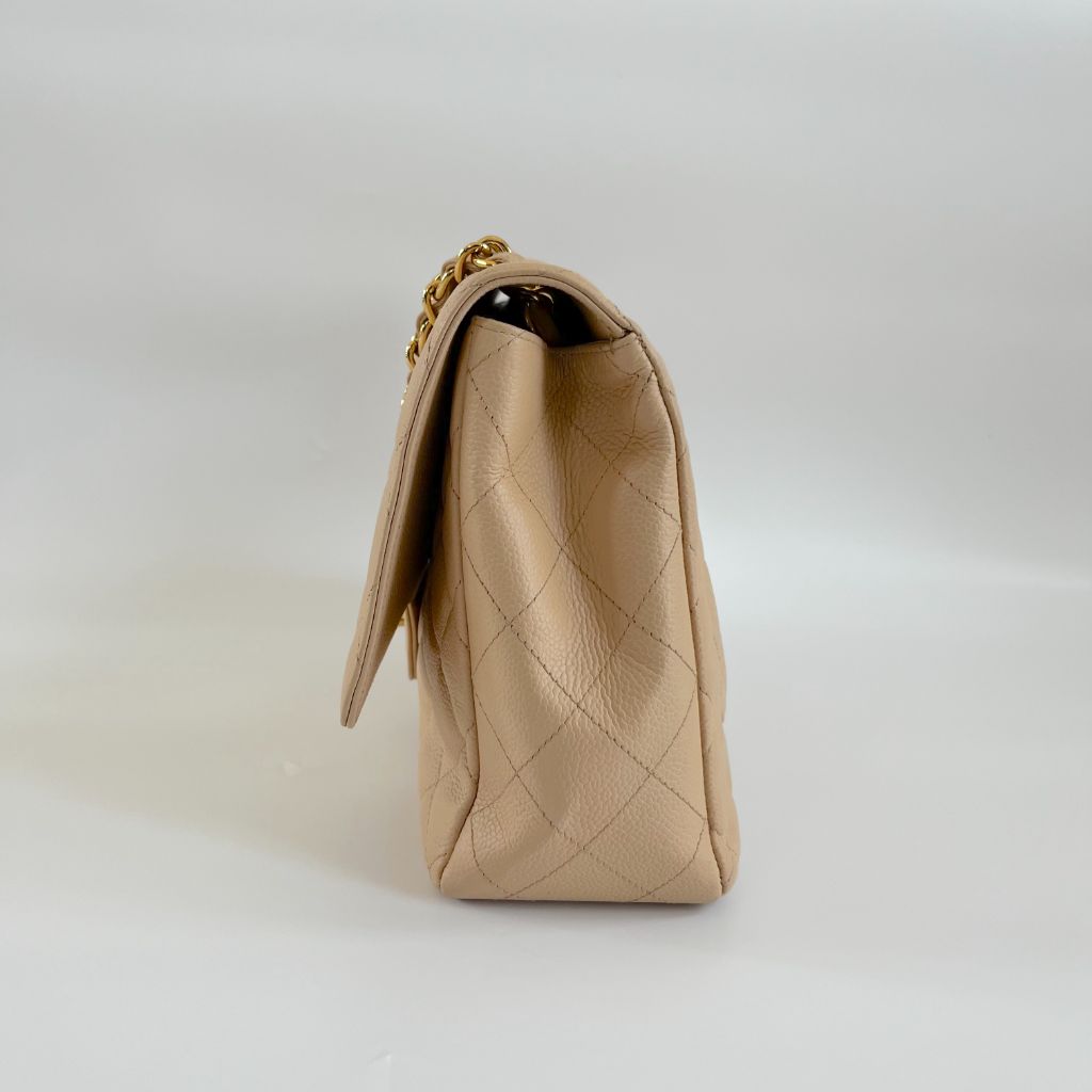 Chanel Jumbo Classic Single Flap Quilted Caviar Light Beige Bag