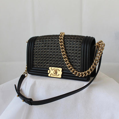 Chanel Navy Blue/Gold Woven Leather Small Reverso Boy Flap Bag