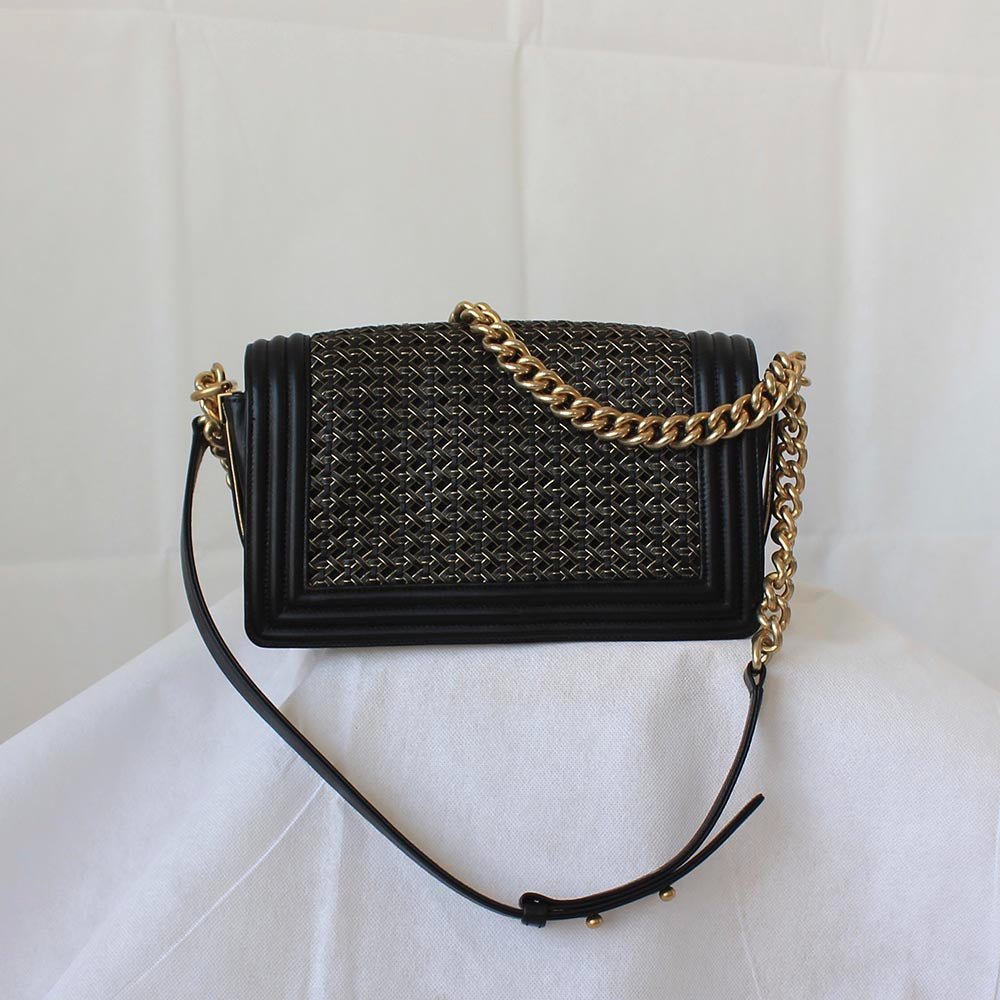 Chanel Navy Blue/Gold Woven Leather Small Reverso Boy Flap Bag