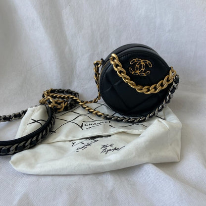 Chanel Shiny Goatskin Quilted Chanel 19 Round Clutch With Chain Black