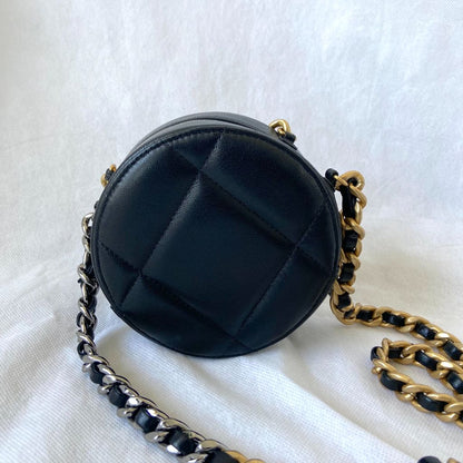 Chanel Shiny Goatskin Quilted Chanel 19 Round Clutch With Chain Black