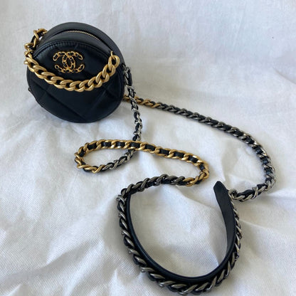 Chanel Shiny Goatskin Quilted Chanel 19 Round Clutch With Chain Black
