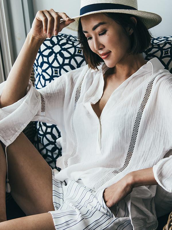 Cotton Blends Beach Vacation Long Sleeve Mask Cover-Ups