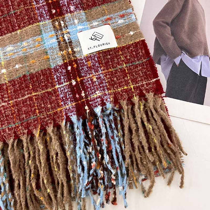 Christmas Warm Color Block Plaid Tassel Scarf
