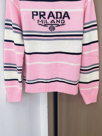 Prada 2025 Striped Long-sleeved Sweater Pink White Wool Cashmere