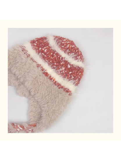 Haila - Striped Plush Knitted Beanie with Ear Flaps