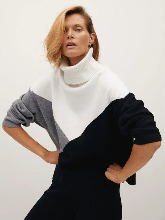 Original Loose Split-Joint Contrast Color High-Neck Long Sleeves Sweater Top