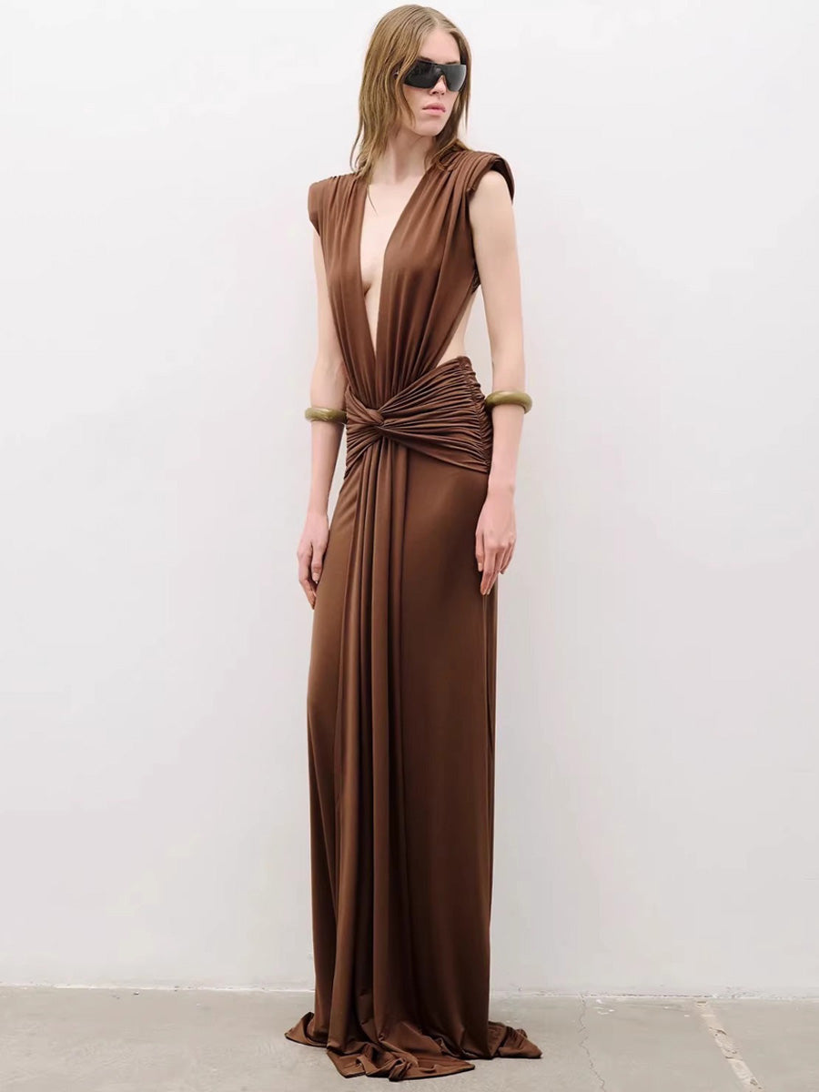Clementine Pleated Deep V-Neck Maxi Dress